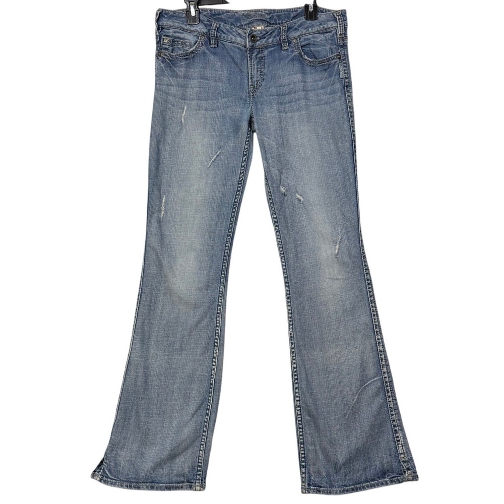 Y2K Silver Jeans 31x33 Blue Distressed Low Rise Flare Twisted Denim‎ Grunge Boho